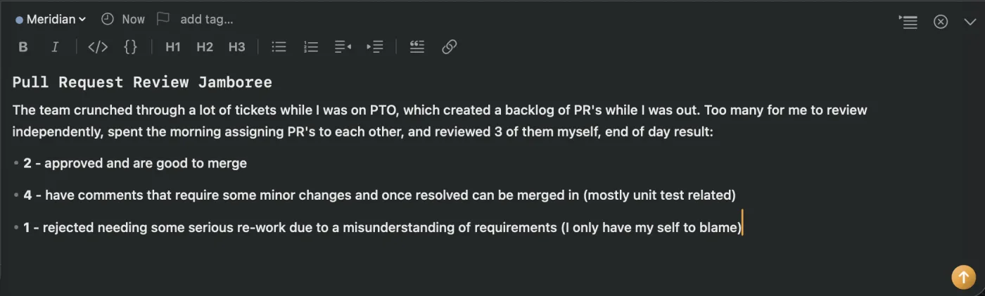 The CogniLog composer. A Markdown entry titled Pull Request Review Jamboree, formatted live.