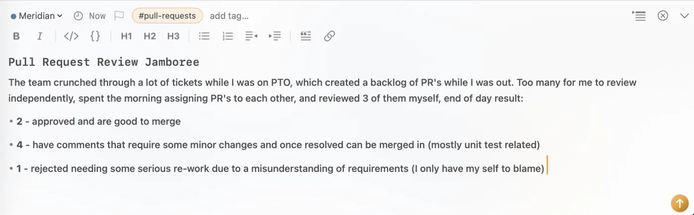 The CogniLog composer. A Markdown entry titled Pull Request Review Jamboree, formatted live.