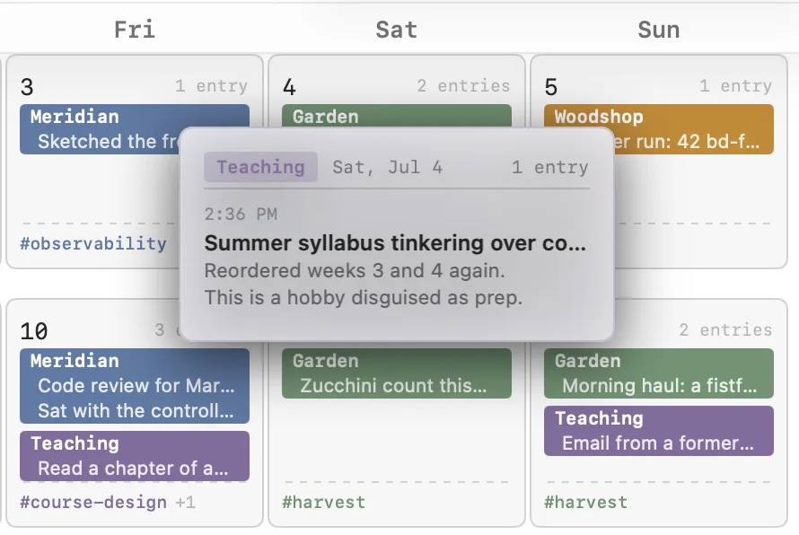 Hovering an entry in the week view. A popover previews the entry.