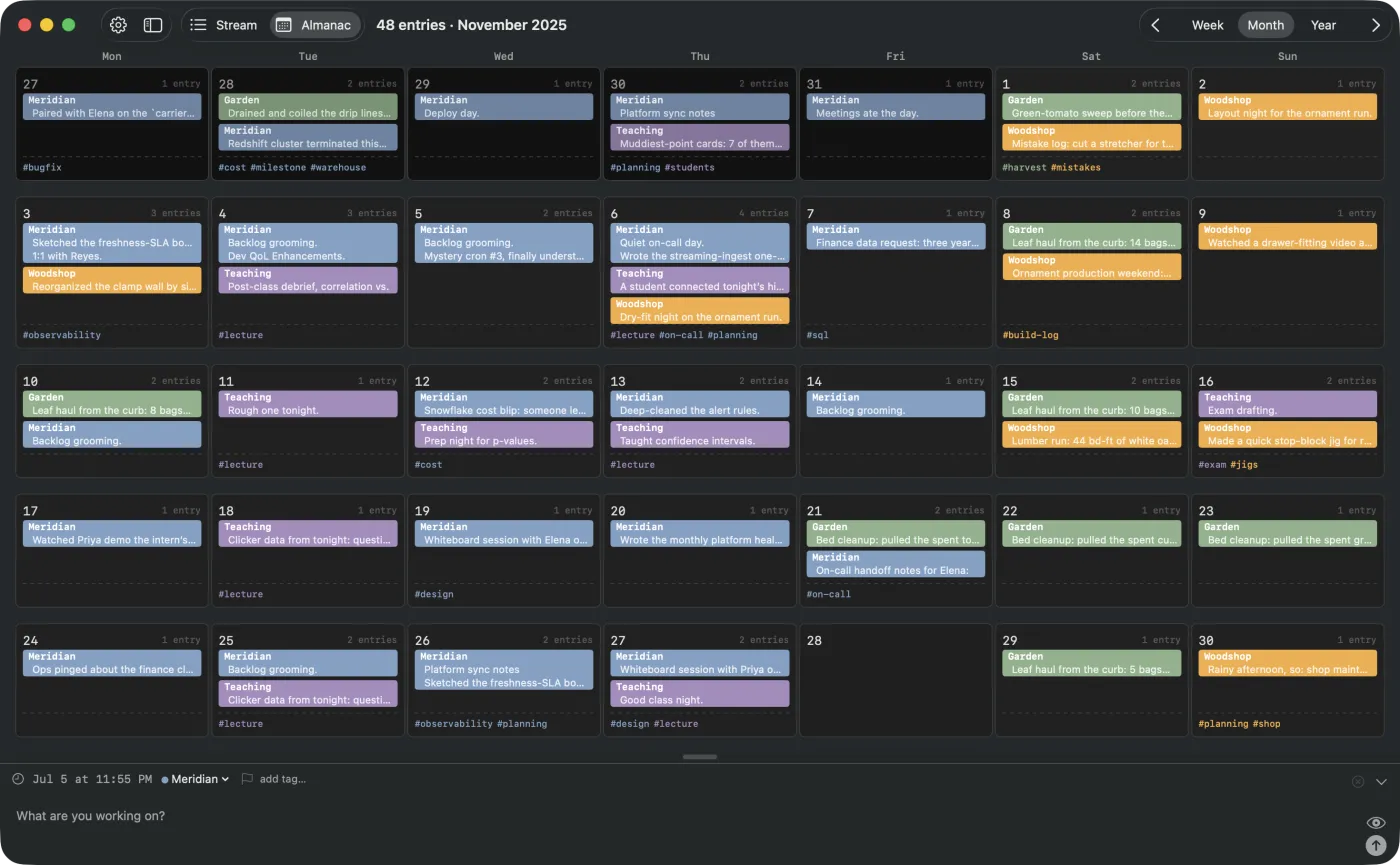 The Almanac month view. Each day shows its entries, colored by channel.