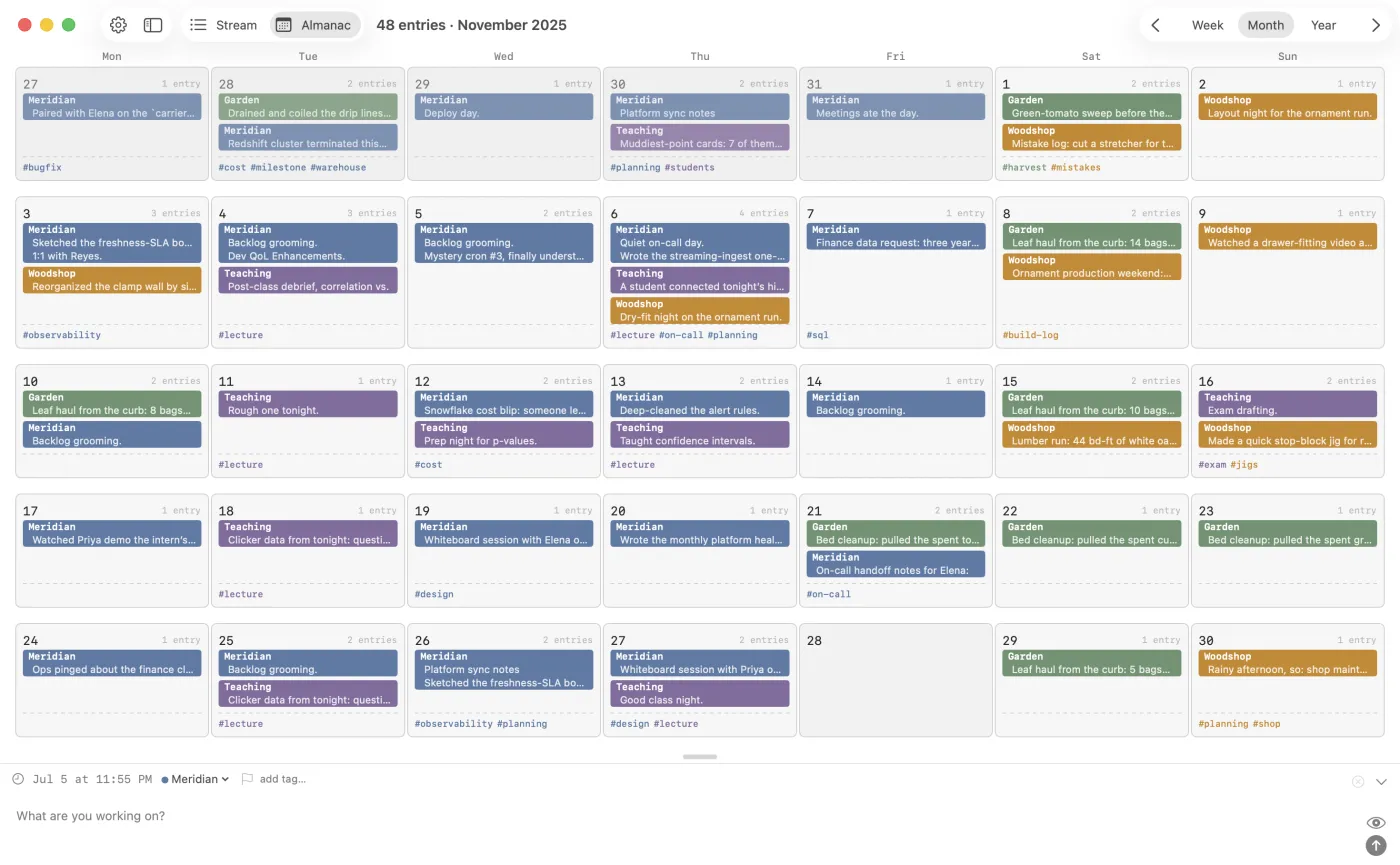 The Almanac month view. Each day shows its entries, colored by channel.