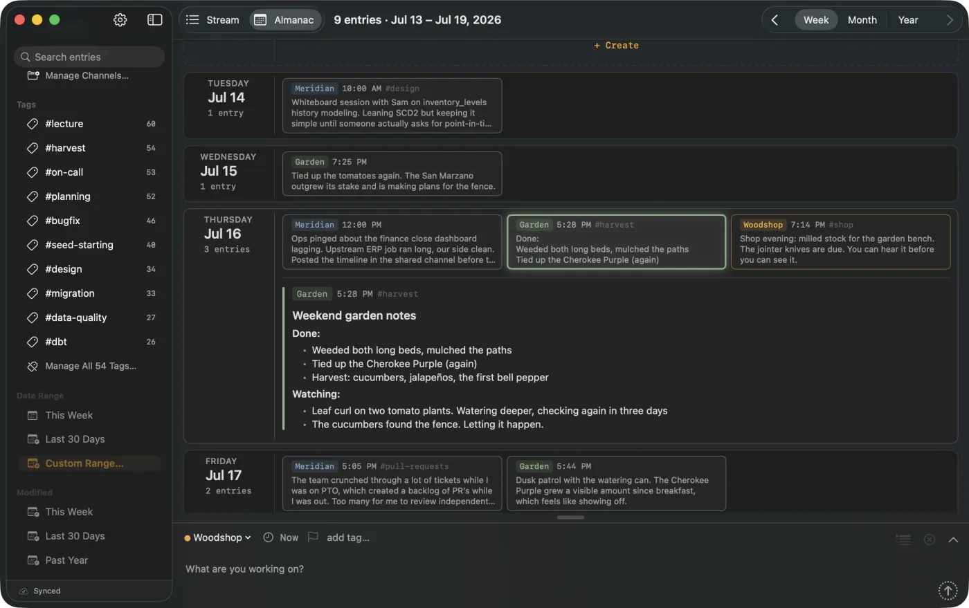 The Almanac week view. A week of entries laid out day by day, one expanded.
