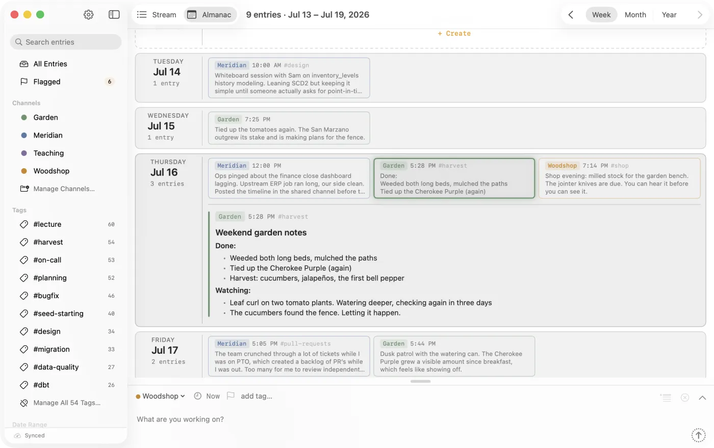 The Almanac week view. A week of entries laid out day by day, one expanded.