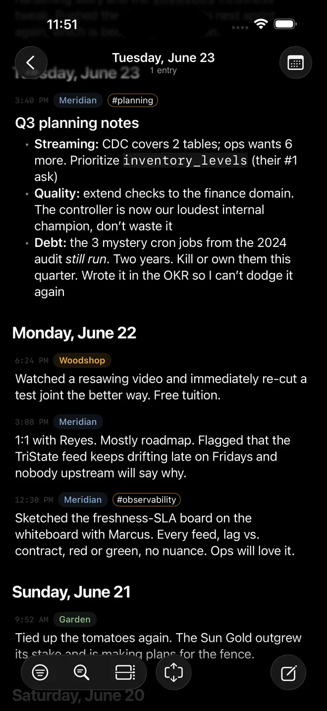 CogniLog on iPhone. The Stream with entries grouped by day.