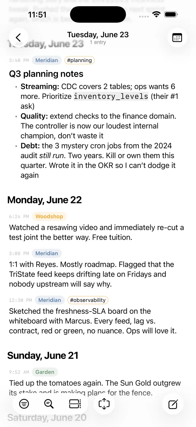 CogniLog on iPhone. The Stream with entries grouped by day.