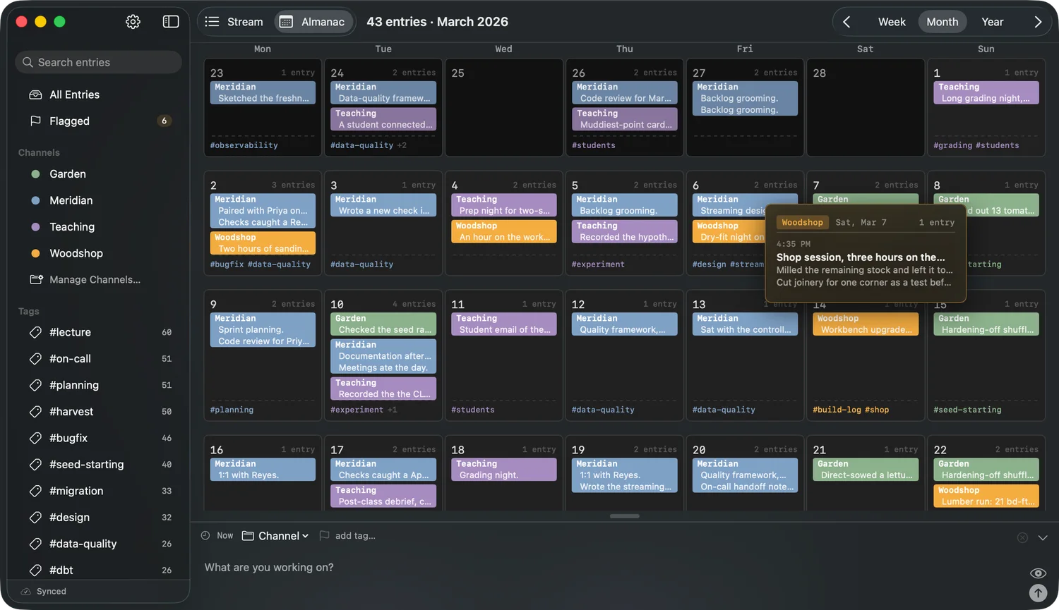 The Almanac month view. Each day shows its entries colored by channel, and a hover rollup expands one day.