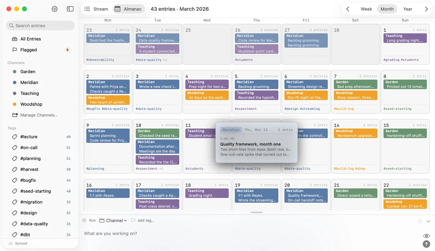 The Almanac month view. Each day shows its entries colored by channel, and a hover rollup expands one day.