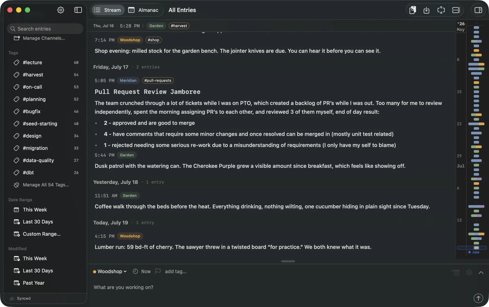 The CogniLog Stream. Entries grouped by day, channels and tags in the sidebar, and a timeline scrubber along the right edge.