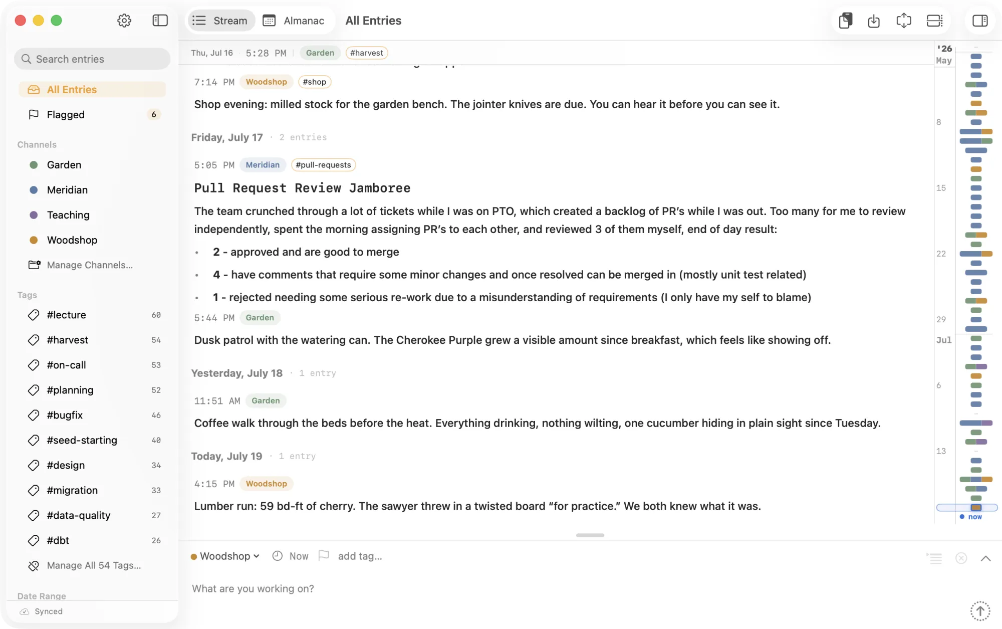 The CogniLog Stream. Entries grouped by day, channels and tags in the sidebar, and a timeline scrubber along the right edge.