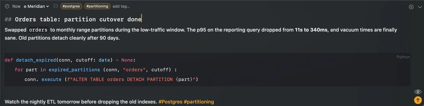 The CogniLog composer with an entry titled Orders table: partition cutover done, formatting tags and a Python code block live while it is typed.