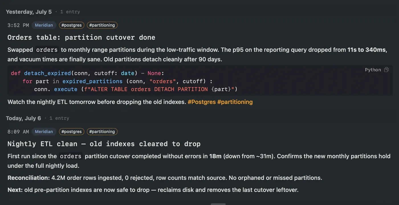 The CogniLog Stream showing both entries in one timeline, grouped by day with channel and tags.